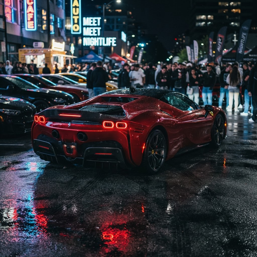 Exotic car detail shot under event lighting
